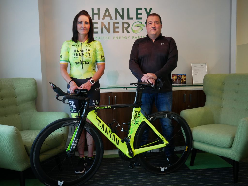 Pictured L-R. Sheena Dullaghan (Irish triathlete) and Dennis Nordon (Managing Director, Hanley Energy). Sponsorship deal